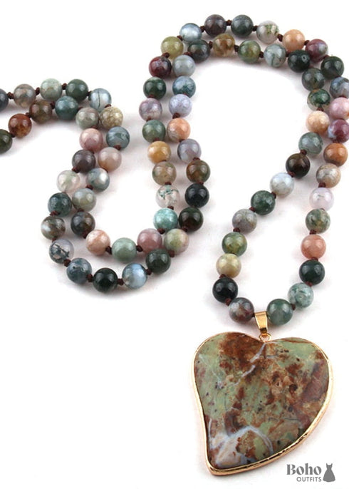 Boho Necklace, RH India Agated Green Heart Natural Stone